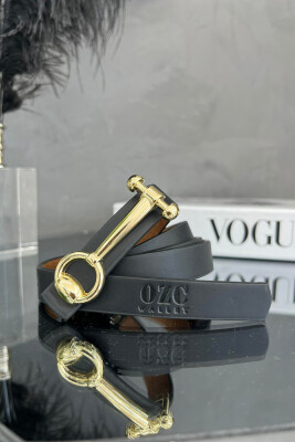 THIN LEATHER WOMEN BELT BLACK+GOLD/ZEGO 