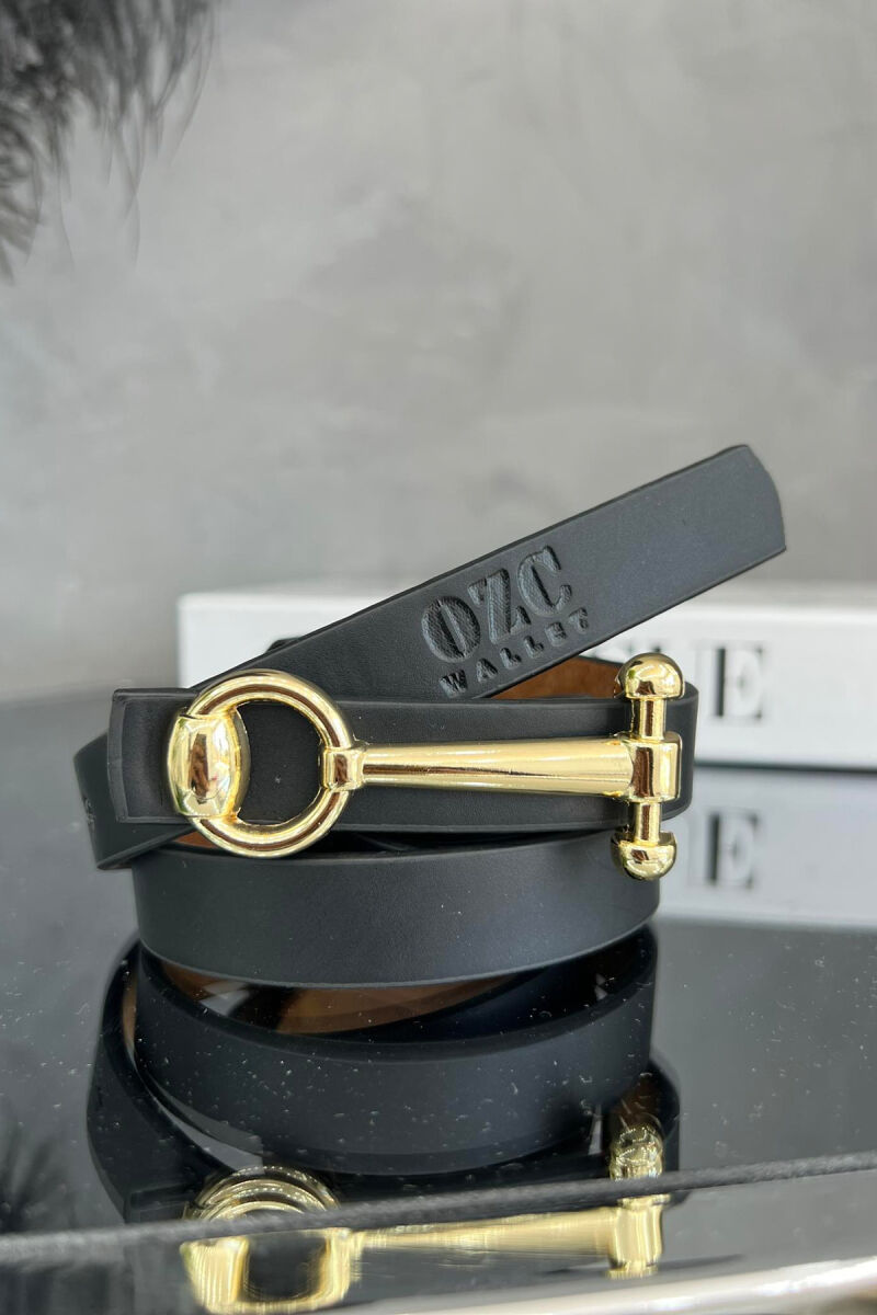 THIN LEATHER WOMEN BELT BLACK+GOLD/ZEGO - 2