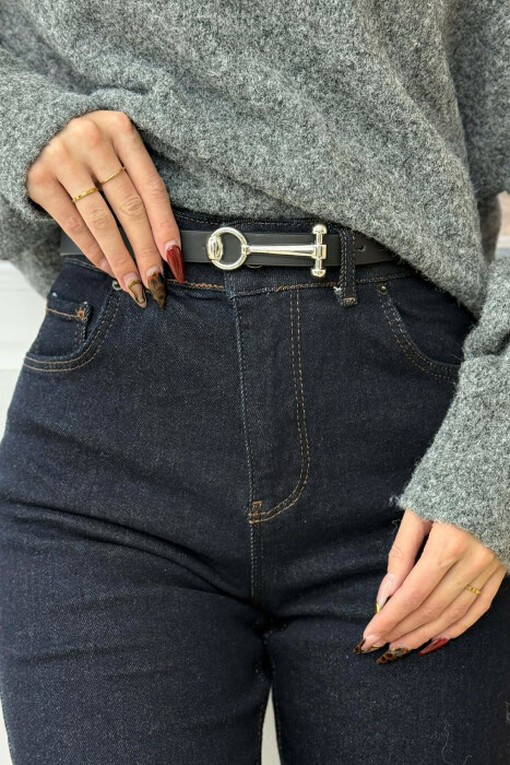 THIN LEATHER WOMEN BELT BLACK+SILVER/ZEZE+ARGJEND - 2