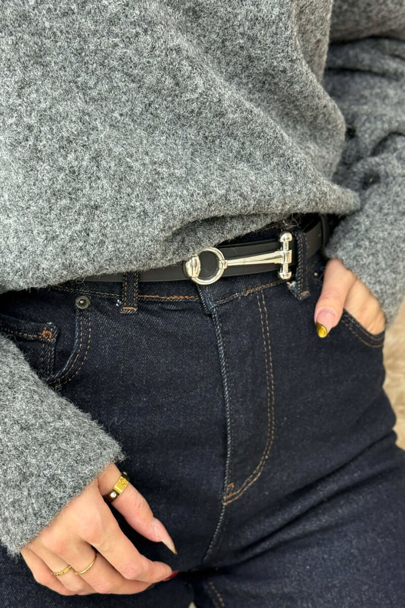 THIN LEATHER WOMEN BELT BLACK+SILVER/ZEZE+ARGJEND - 1