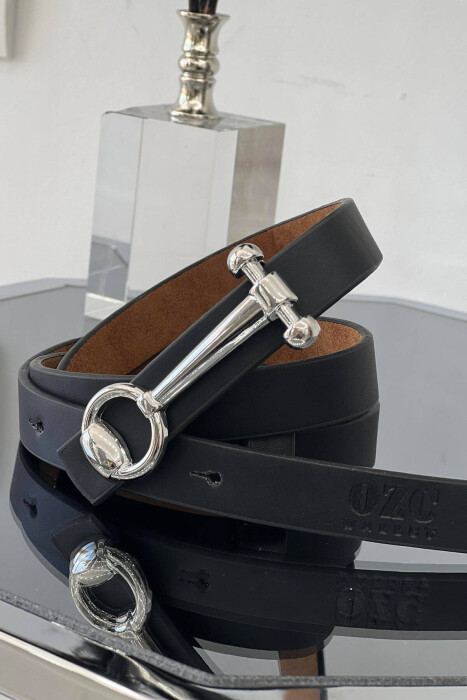 THIN LEATHER WOMEN BELT BLACK+SILVER/ZEZE+ARGJEND - 2