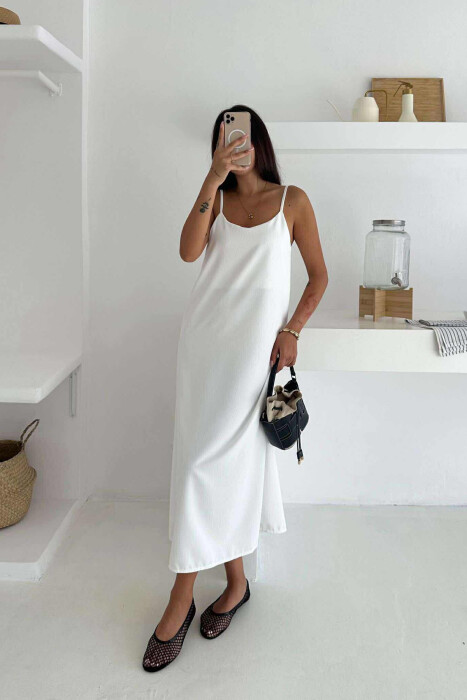 THIN STRAPS ONE COLOR LONG WOMEN DRESS WHITE-E BARDHE 