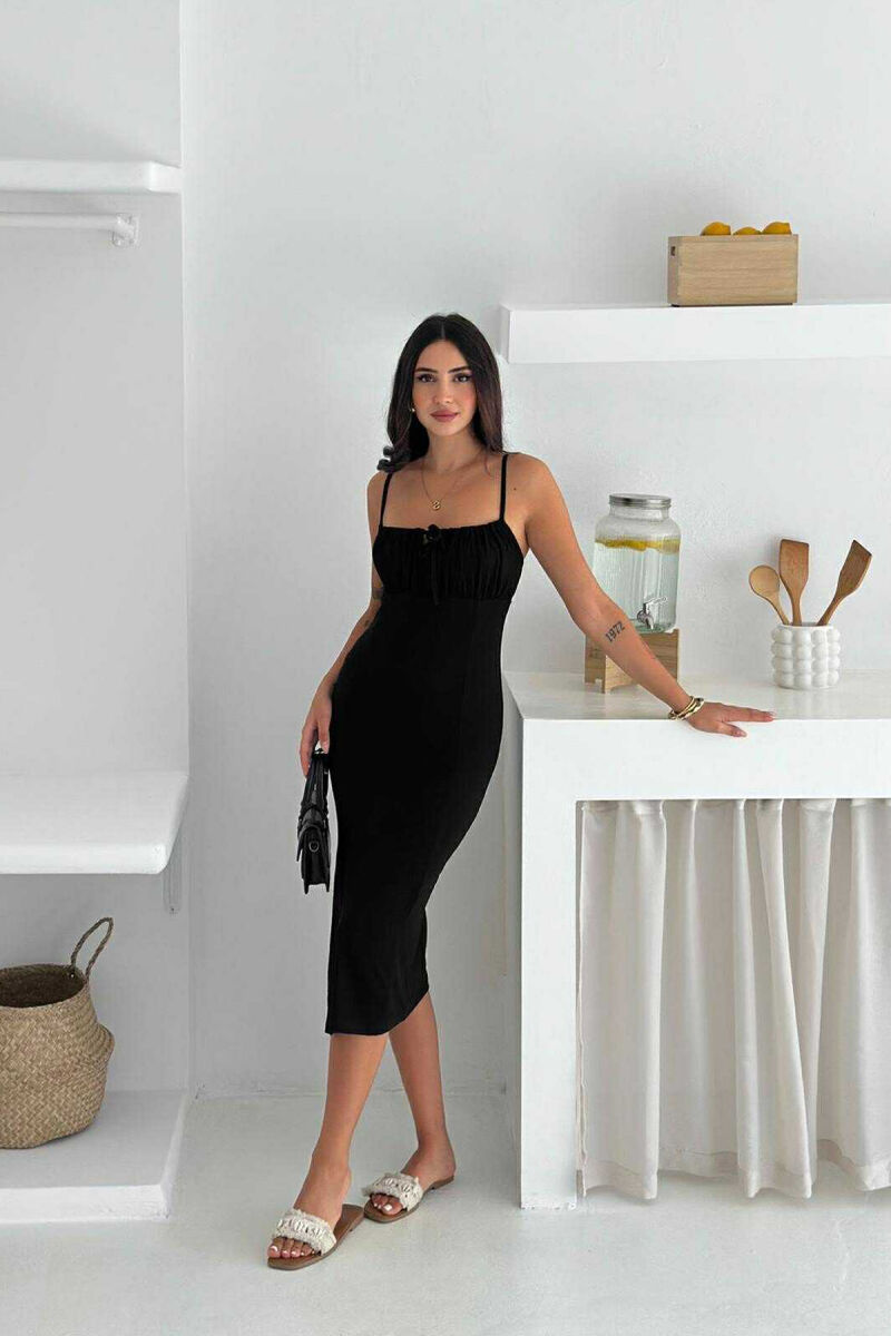 THIN STRAPS ONE COLOR SIMPLE WOMEN DRESS BLACK/ E ZEZE - 1