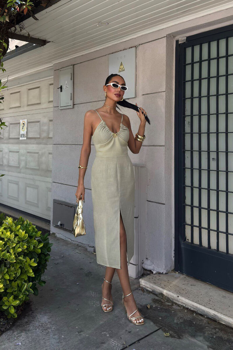 THIN STRAPS ONE COLOR WOMEN DRESS OLIVE/ULLI - 2