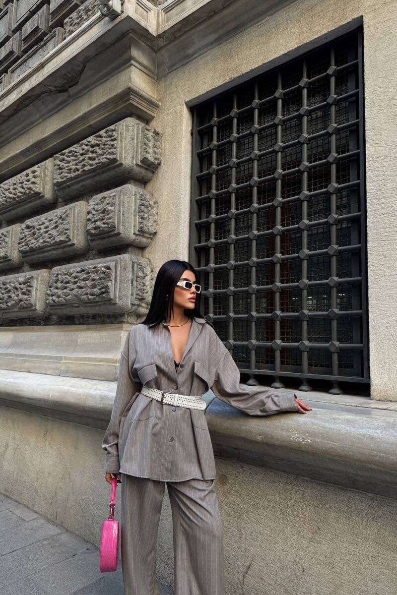 THIN STRIPE DESIGN SHIRT+TROUSERS WOMEN SET GREY/GRI - 1