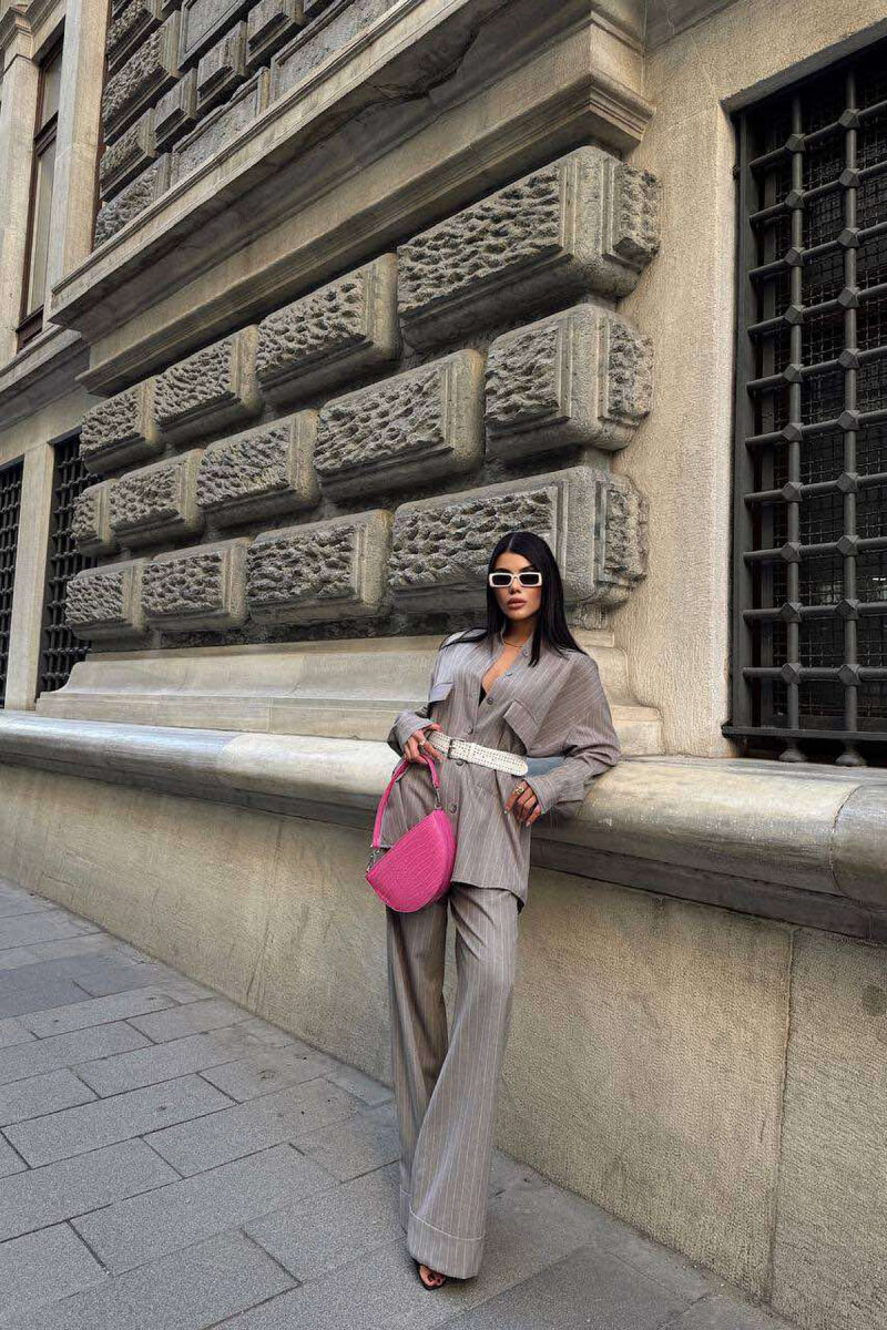 THIN STRIPE DESIGN SHIRT+TROUSERS WOMEN SET GREY/GRI - 2