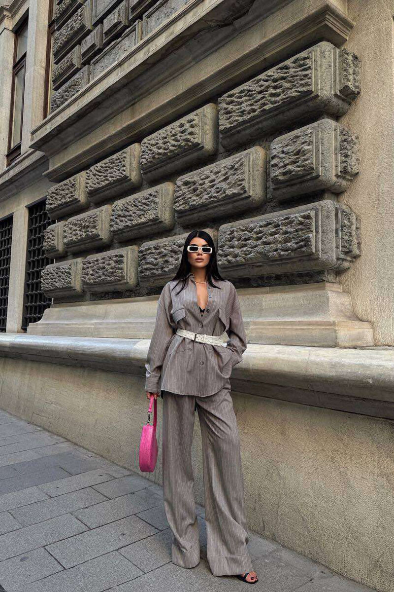 THIN STRIPE DESIGN SHIRT+TROUSERS WOMEN SET GREY/GRI - 3