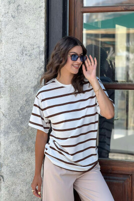 THIN STRIPES WOMEN T-SHIRT WHITE-BROWN/BAKA 