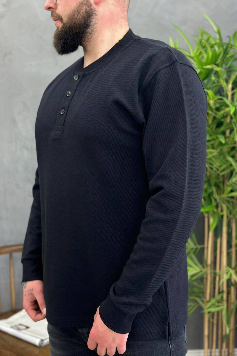 THREE BUTTONS LONG SLEEVE MEN SWEATSHIRT BLACK/ E ZEZE - 1