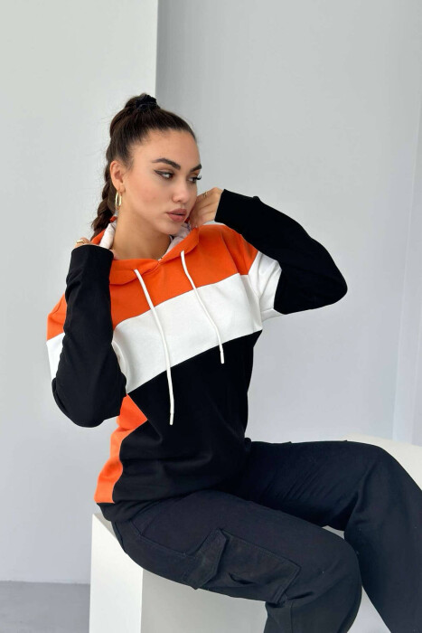 THREE COLOR SIMPLE WOMEN HOODIES BLACK+ORANGE/ZEPO - 2