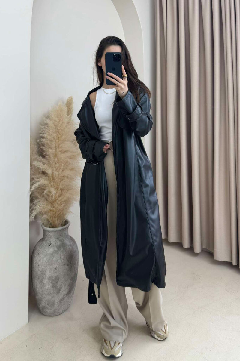 TIED UP BELTED LONG ONE COLOR WOMEN JACKET BLACK/ E ZEZE - 1