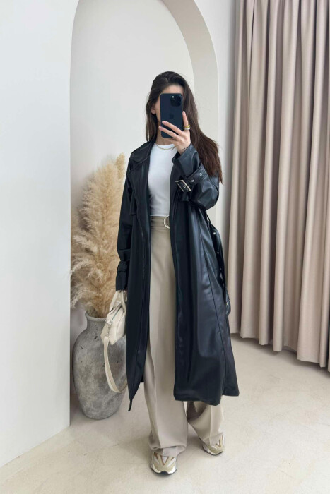 TIED UP BELTED LONG ONE COLOR WOMEN JACKET BLACK/ E ZEZE - 2