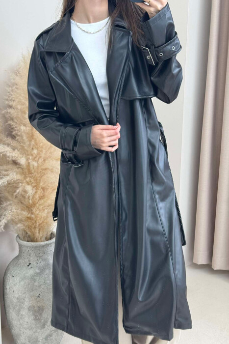 TIED UP BELTED LONG ONE COLOR WOMEN JACKET BLACK/ E ZEZE