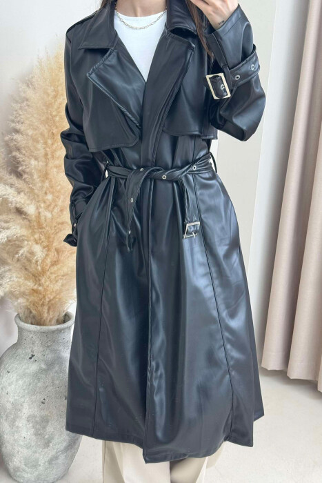 TIED UP BELTED LONG ONE COLOR WOMEN JACKET BLACK/ E ZEZE - 4