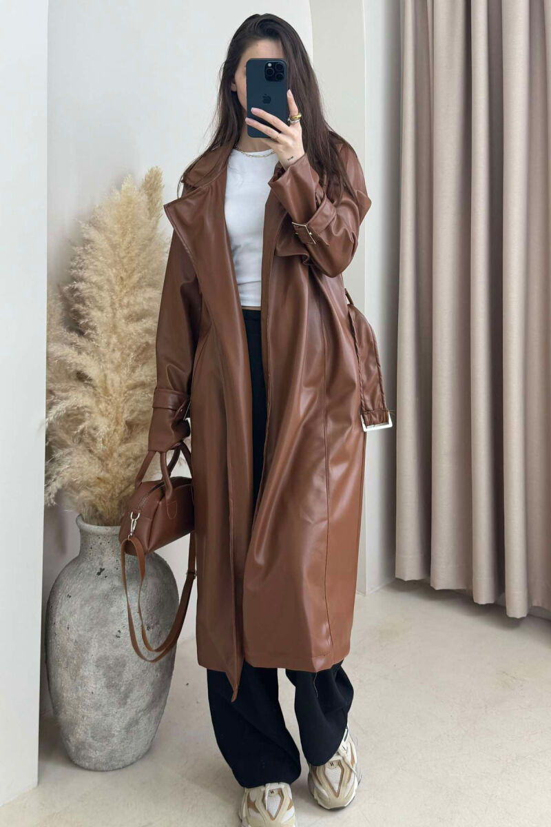 TIED UP BELTED LONG ONE COLOR WOMEN JACKET BROWN/KAFE - 1