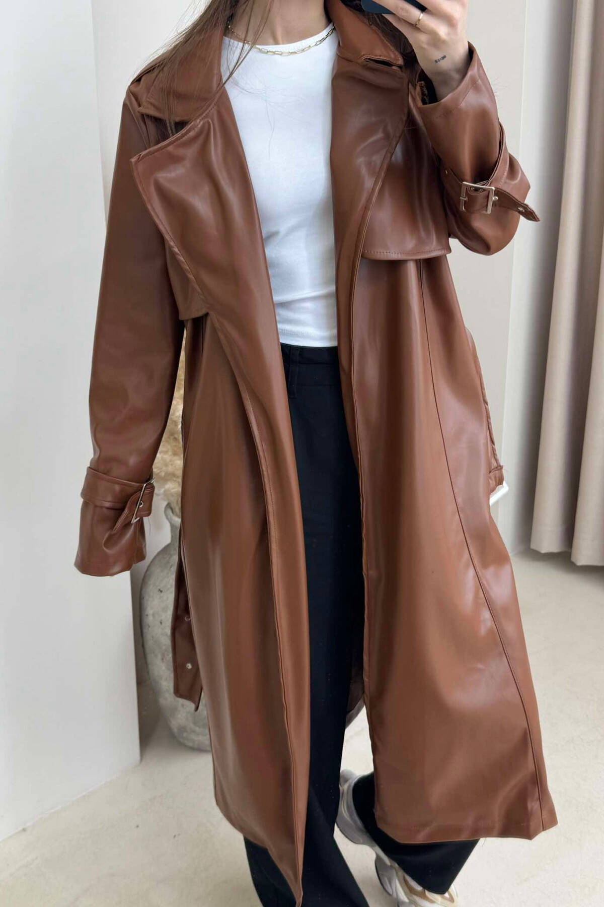 TIED UP BELTED LONG ONE COLOR WOMEN JACKET BROWN/KAFE