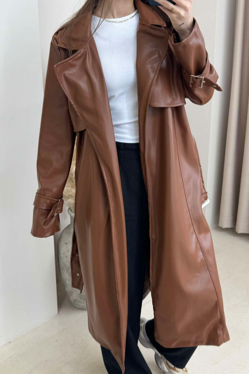 TIED UP BELTED LONG ONE COLOR WOMEN JACKET BROWN/KAFE - 3