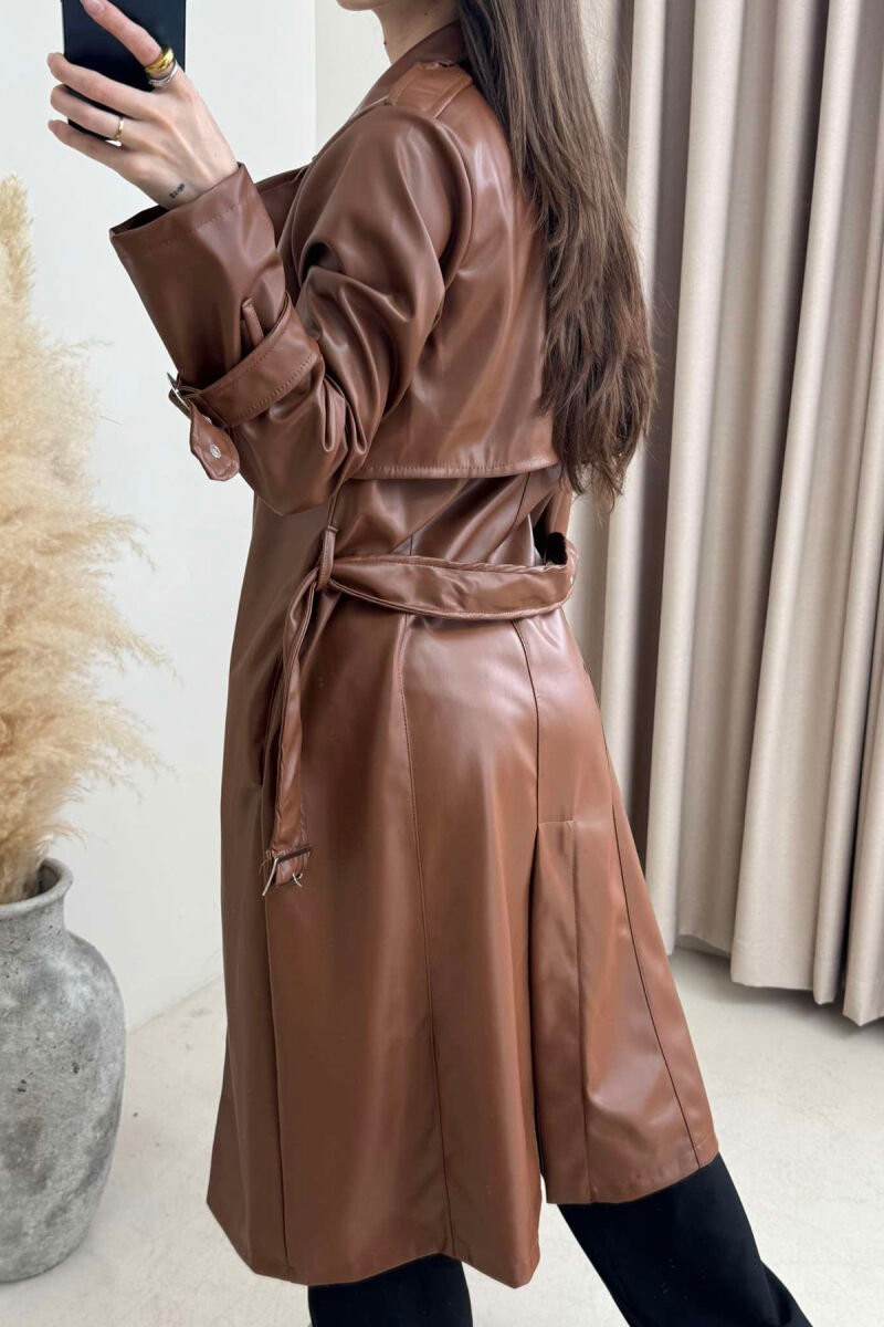 TIED UP BELTED LONG ONE COLOR WOMEN JACKET BROWN/KAFE - 4