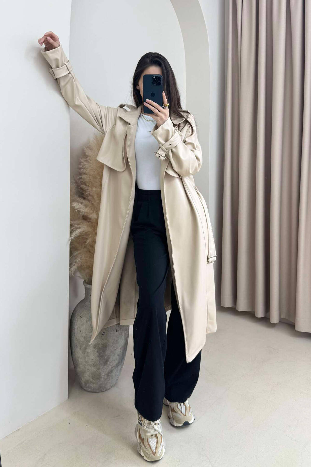 TIED UP BELTED LONG ONE COLOR WOMEN JACKET CREAM/KREM