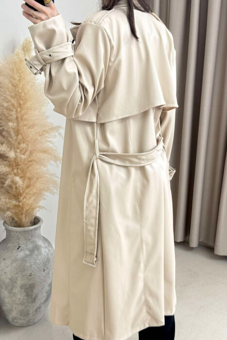 TIED UP BELTED LONG ONE COLOR WOMEN JACKET CREAM/KREM - 3