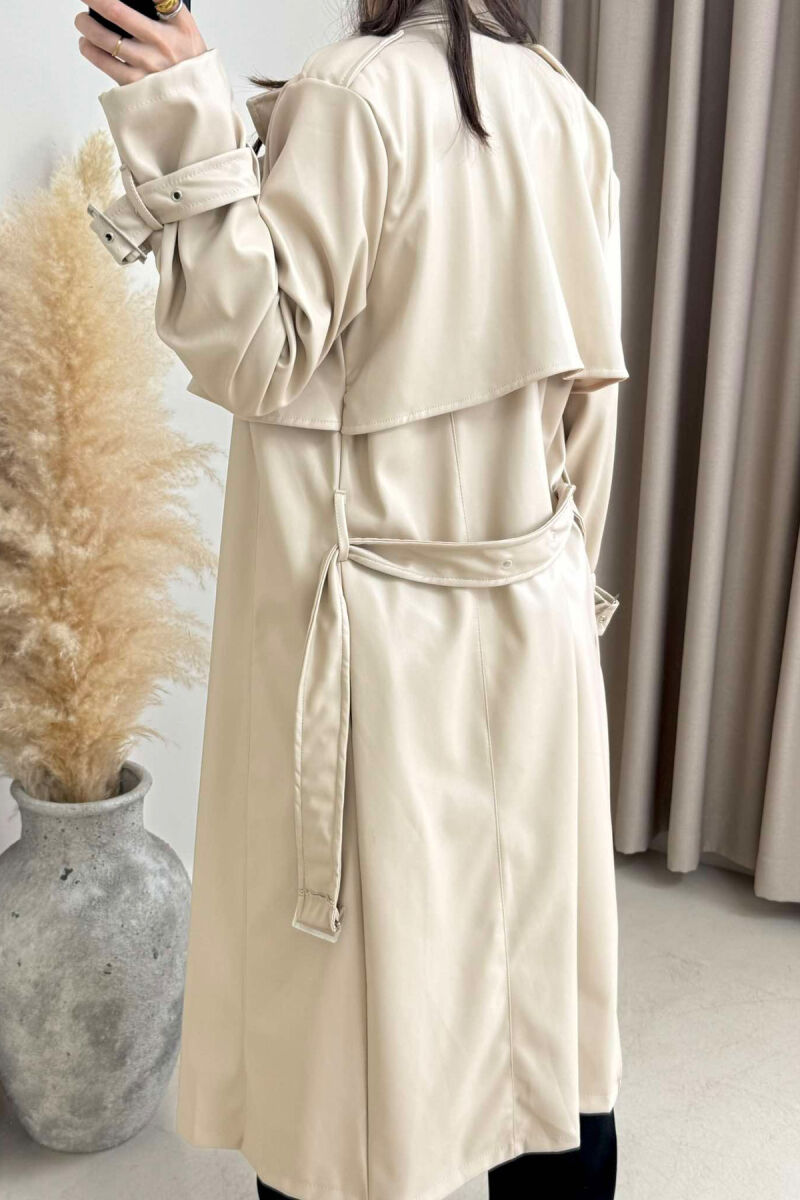 TIED UP BELTED LONG ONE COLOR WOMEN JACKET CREAM/KREM - 3