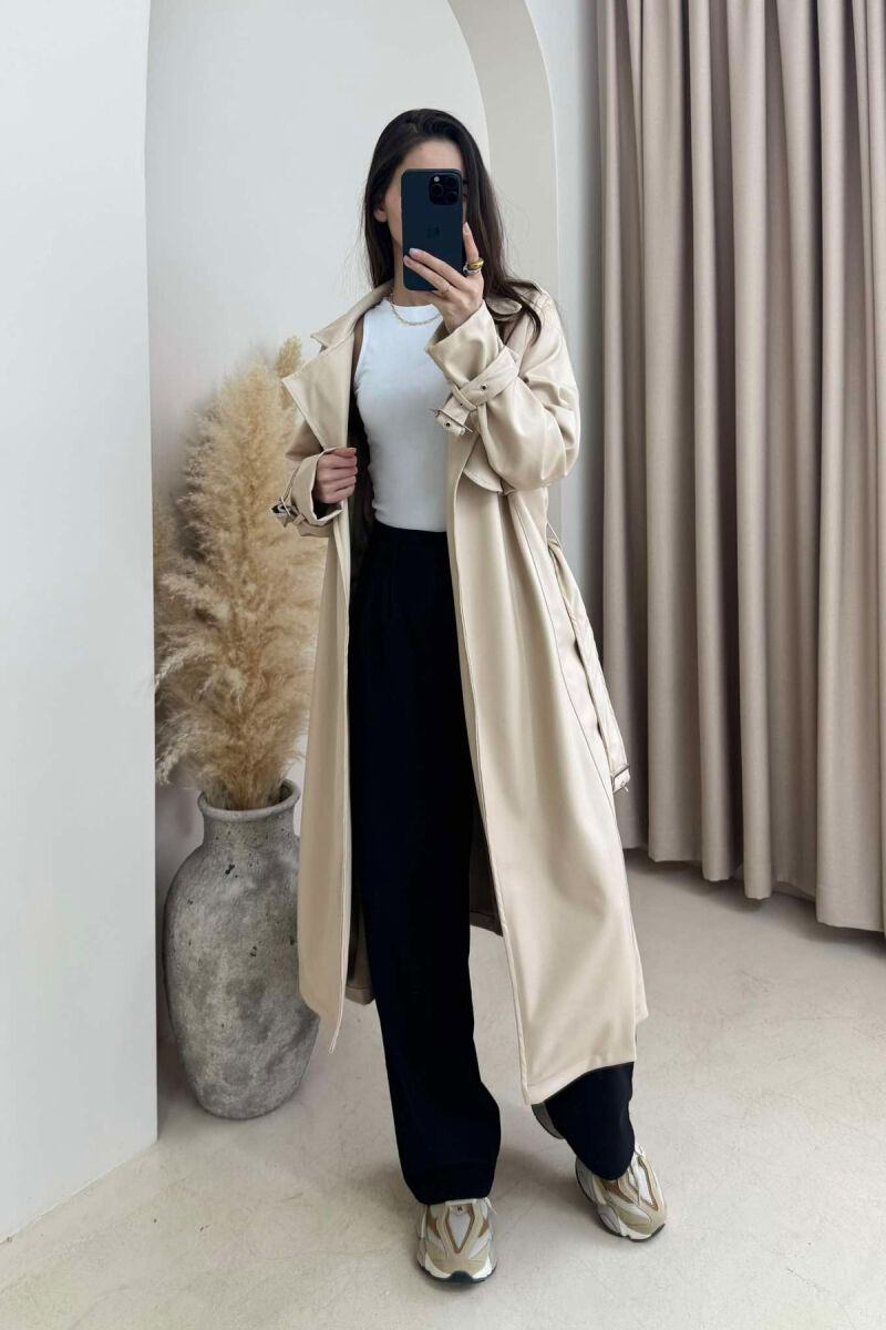 TIED UP BELTED LONG ONE COLOR WOMEN JACKET CREAM/KREM - 4