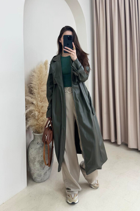 TIED UP BELTED LONG ONE COLOR WOMEN JACKET GREEN/JESHILE - 1