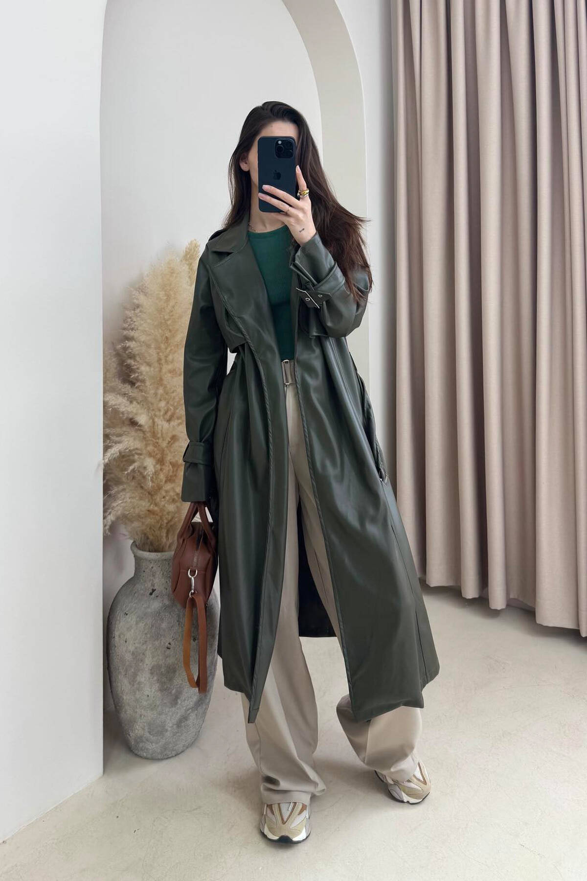 TIED UP BELTED LONG ONE COLOR WOMEN JACKET GREEN/JESHILE