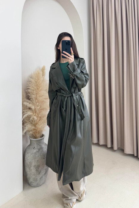 TIED UP BELTED LONG ONE COLOR WOMEN JACKET GREEN/JESHILE - 3