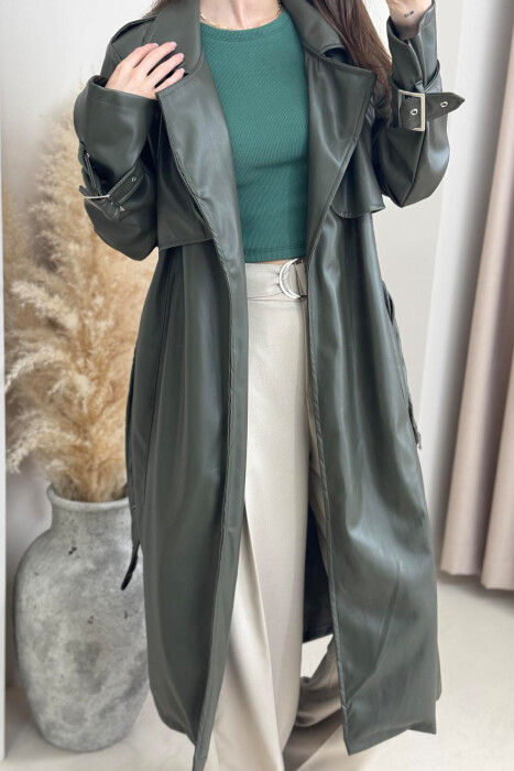 TIED UP BELTED LONG ONE COLOR WOMEN JACKET GREEN/JESHILE - 4