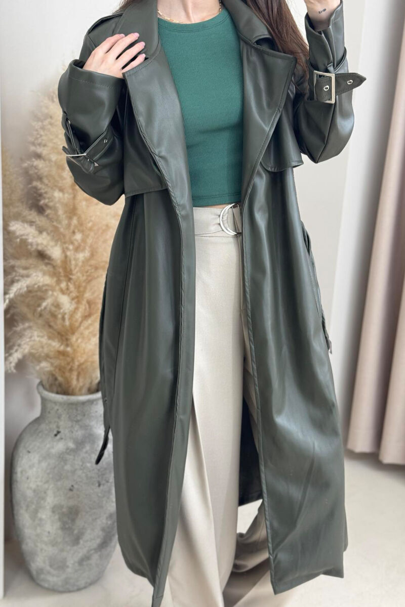 TIED UP BELTED LONG ONE COLOR WOMEN JACKET GREEN/JESHILE - 4