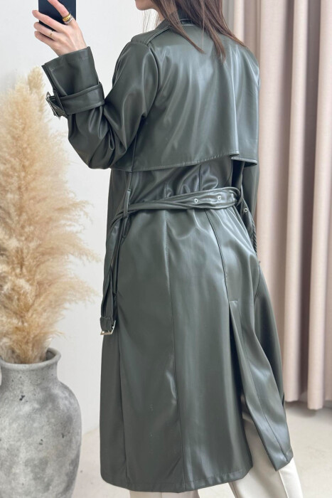 TIED UP BELTED LONG ONE COLOR WOMEN JACKET GREEN/JESHILE - 5