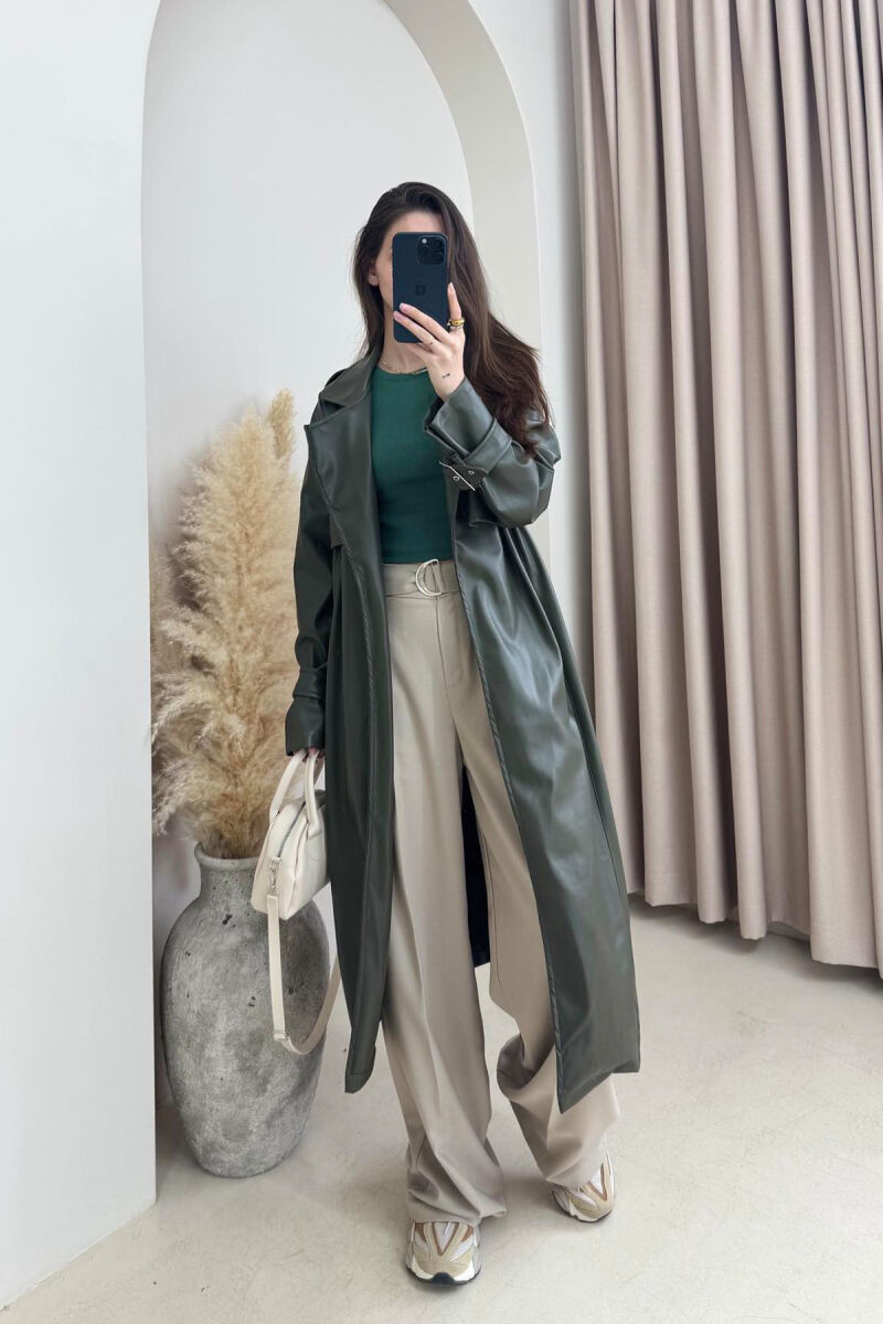 TIED UP BELTED LONG ONE COLOR WOMEN JACKET GREEN/JESHILE - 6
