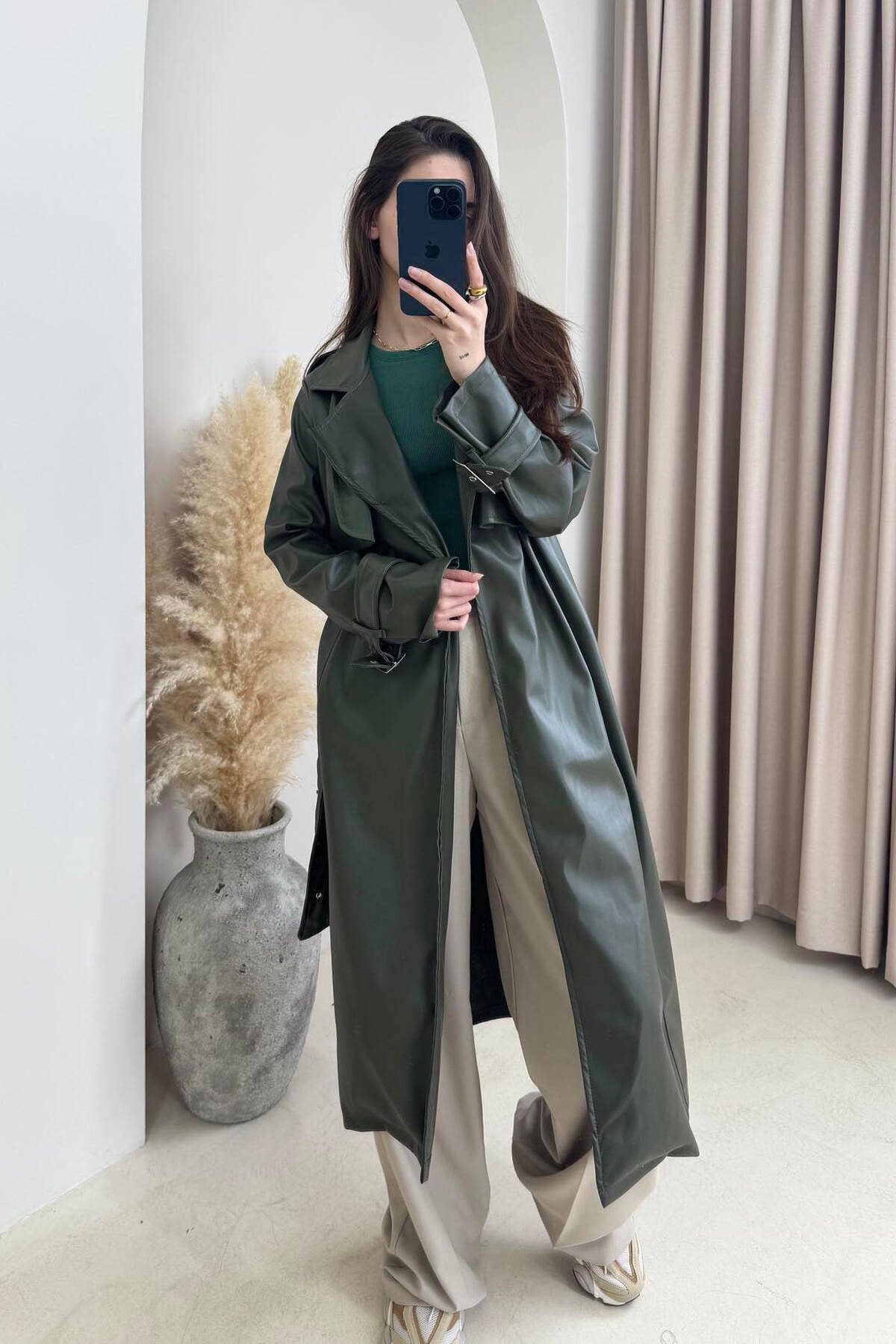 TIED UP BELTED LONG ONE COLOR WOMEN JACKET GREEN/JESHILE