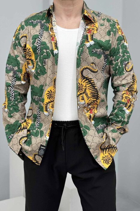 TIGERS PRINT LONG SLEEVES MEN SHIRT GREEN/YELLOW/JEVE - 1