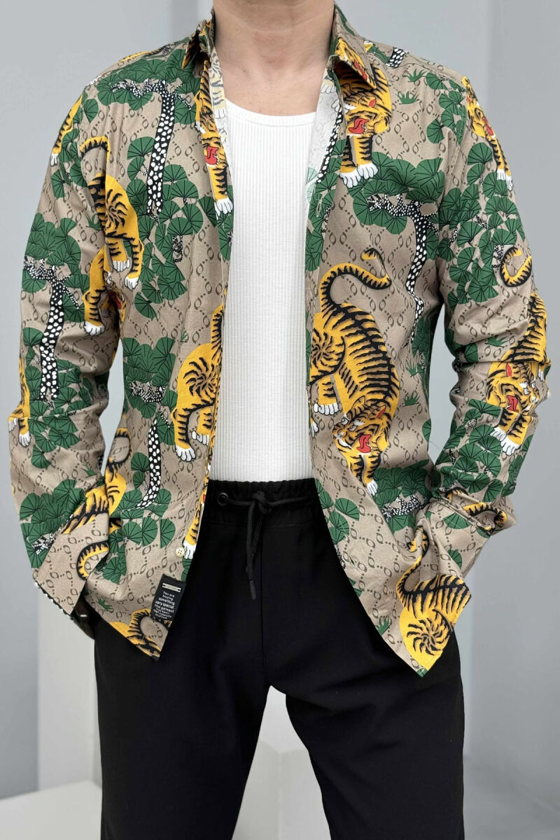 TIGERS PRINT LONG SLEEVES MEN SHIRT GREEN/YELLOW/JEVE - 1