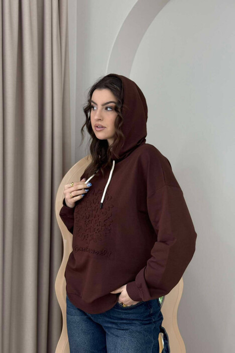 TREE DESIGN WOMEN HOODIE DARK BROWN/KAE - 4