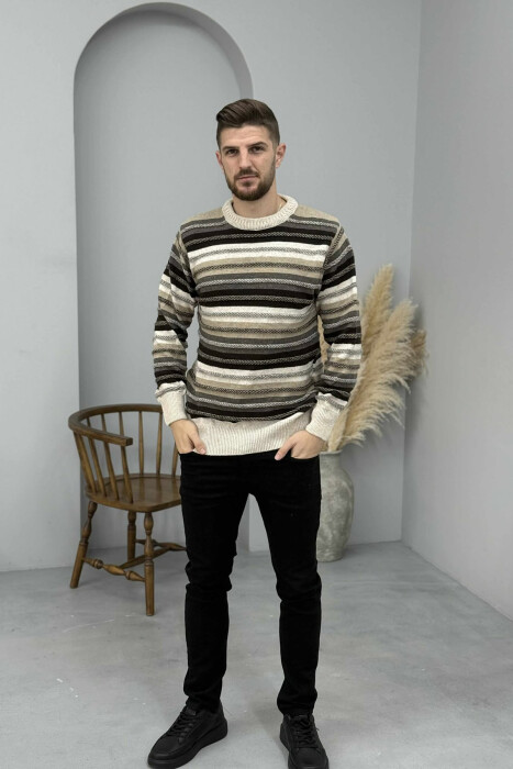 SIMPLE KNITTED STRIPES MEN SWEATER BEIGE/BEZHE - KLAUDIO FASHION