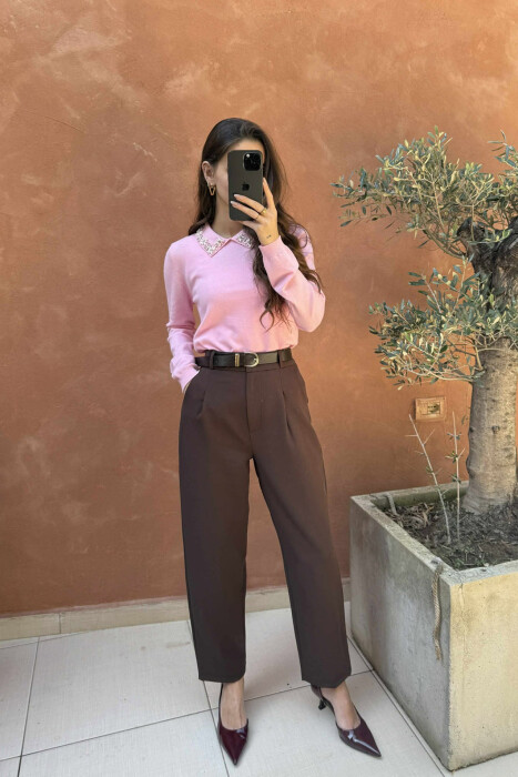 POLO NECK SHINY STONES DETAIL WOMEN SWEATER PINK/ROZE 