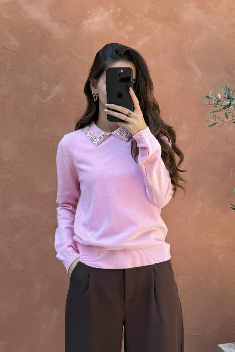 POLO NECK SHINY STONES DETAIL WOMEN SWEATER PINK/ROZE - 2