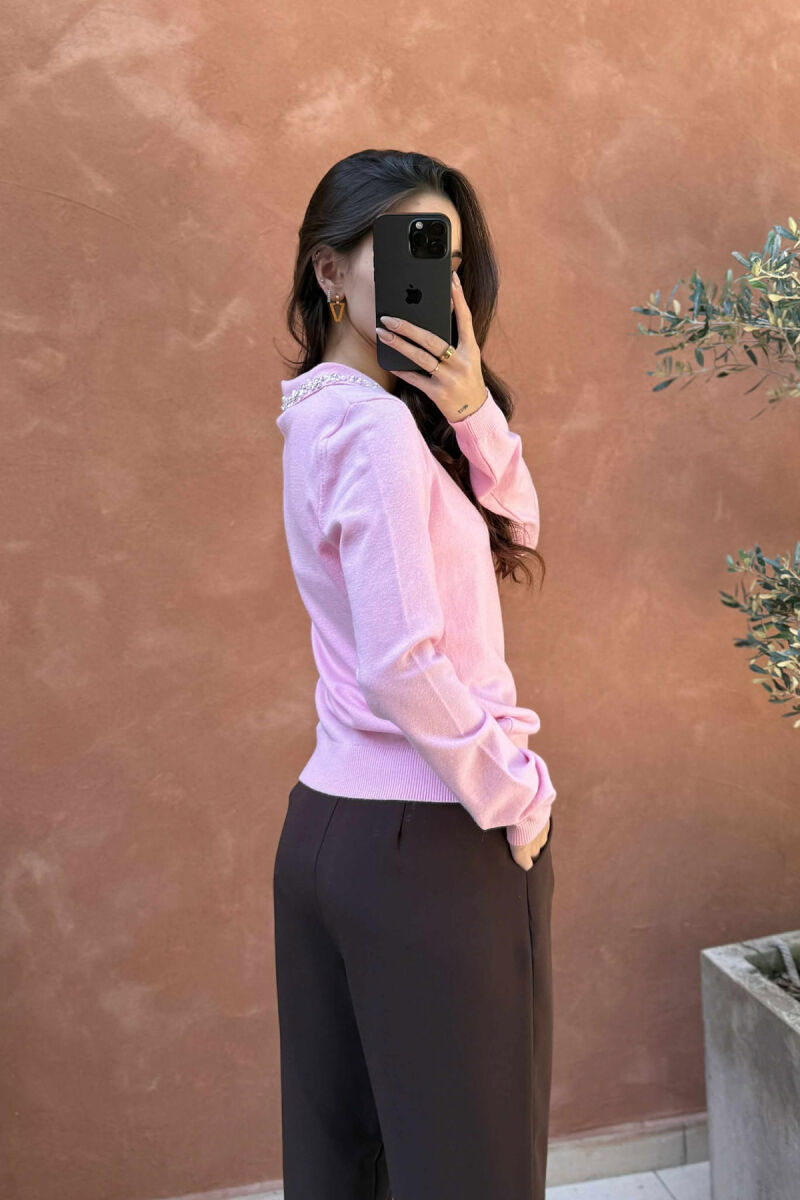 POLO NECK SHINY STONES DETAIL WOMEN SWEATER PINK/ROZE - 3