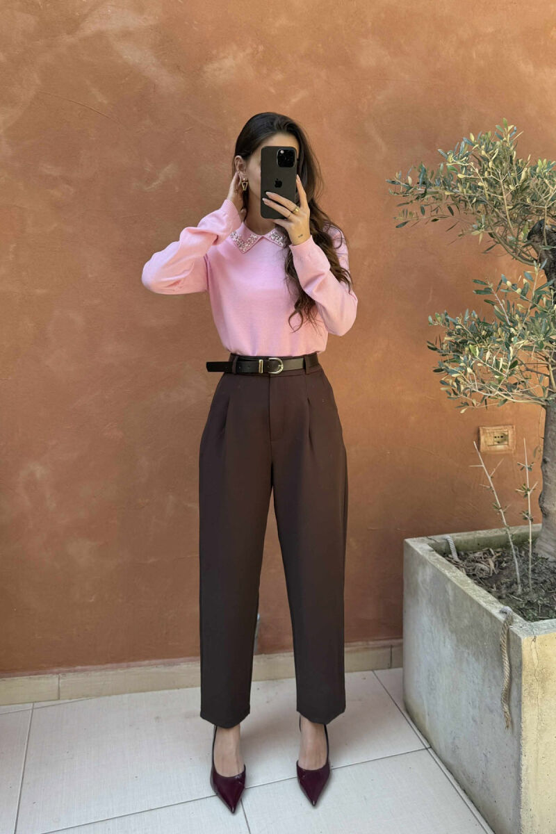 POLO NECK SHINY STONES DETAIL WOMEN SWEATER PINK/ROZE - 4