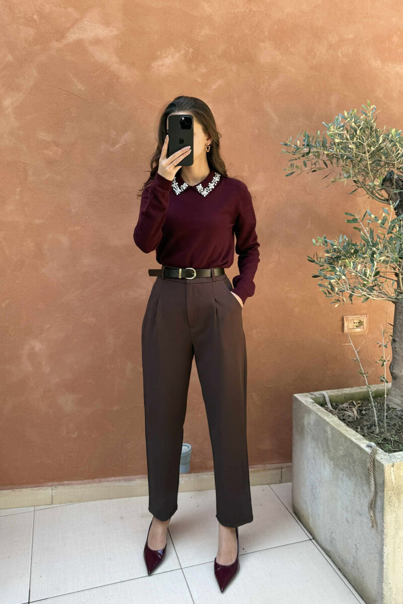 TRIKO ME JAKË POLO & DIZANJ GURËSH ME SHKËLQIM PËR FEMRA NË NGJYRËN VISHNJË - 1