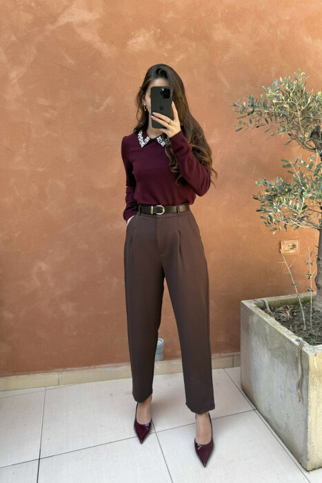 TRIKO ME JAKË POLO & DIZANJ GURËSH ME SHKËLQIM PËR FEMRA NË NGJYRËN VISHNJË - 2