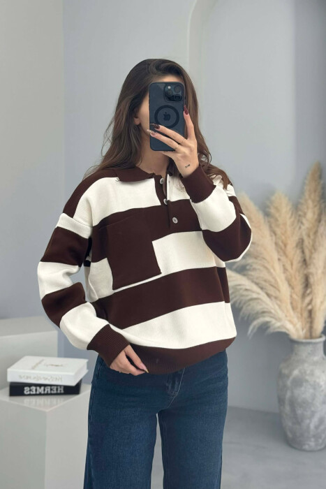 TRIKO ME JAKE POLO ME DETAJIN E XHEPIT DHE VIJA PER FEMRA NE NGJYRE KAFE - 2