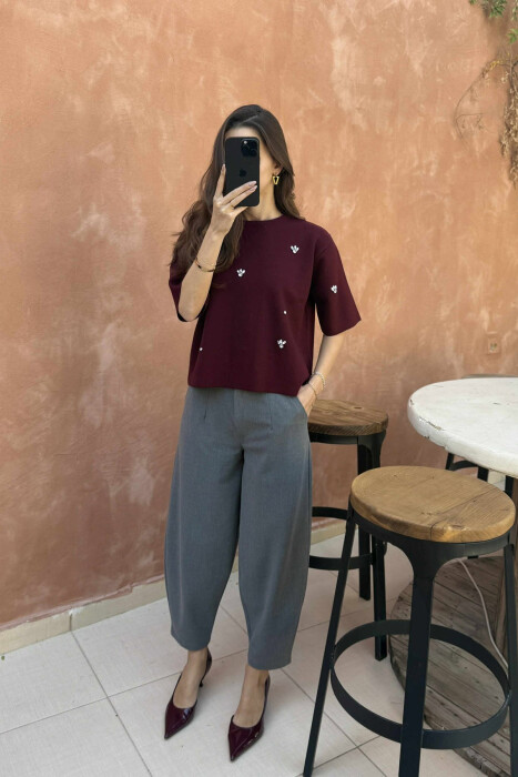 SHINY STONES DETAILS SHORT SLEEVES WOMEN SWEATER BURGUNDY/VISHNJE 