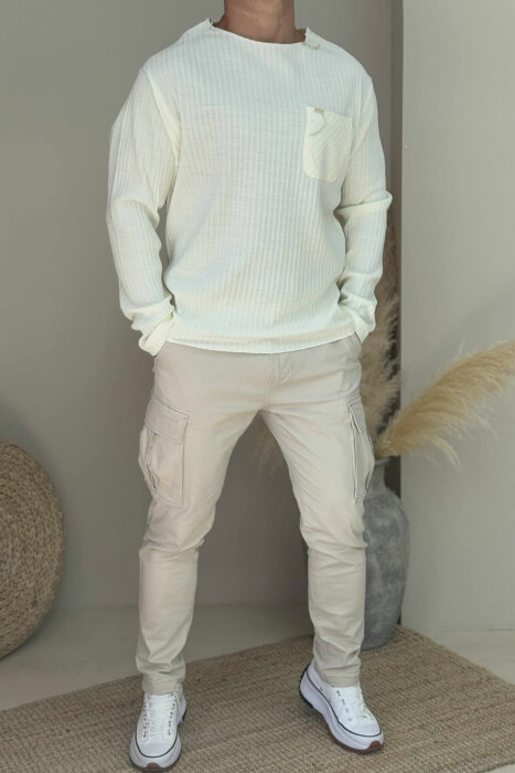 POCKET DETAIL ONE COLOR MEN SWEATER WHITE-E BARDHE - KLAUDIO FASHION