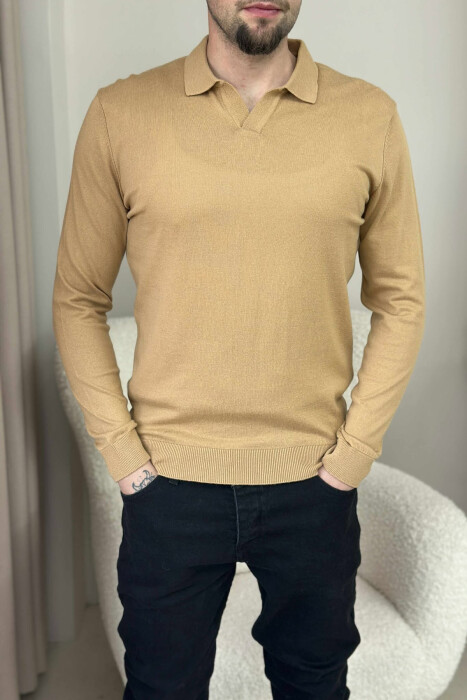 TRIKO NJËNGJYRËSHE ME JAKË POLO PËR MESHKUJ NË NGJYRËN KAFE TË ZBARDHUR - 2