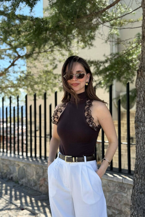 TULLE DETAIL HIGH NECK WOMAN TANK TOP BROWN/KAFE - 