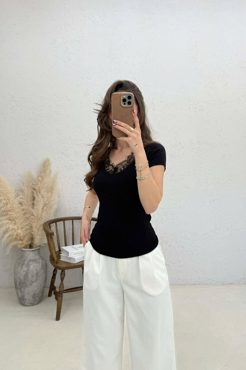 TULLE DETAIL V- NECK WOMAN T-SHIRT BLACK/ E ZEZE - 3